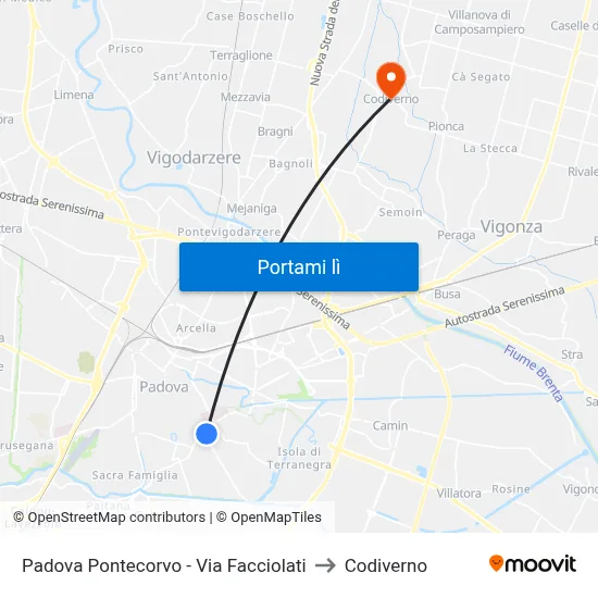 Padova Pontecorvo - Via Facciolati to Codiverno map