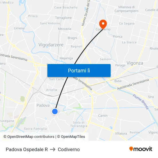 Padova Ospedale R to Codiverno map
