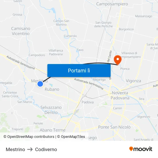 Mestrino to Codiverno map