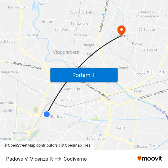 Padova V. Vicenza R to Codiverno map