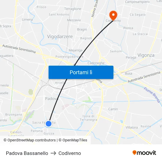 Padova Bassanello to Codiverno map
