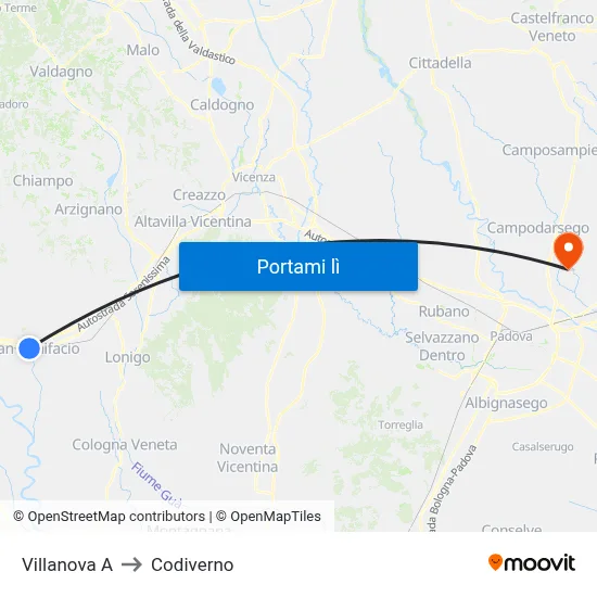 Villanova A to Codiverno map