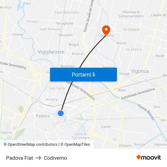 Padova Fiat to Codiverno map