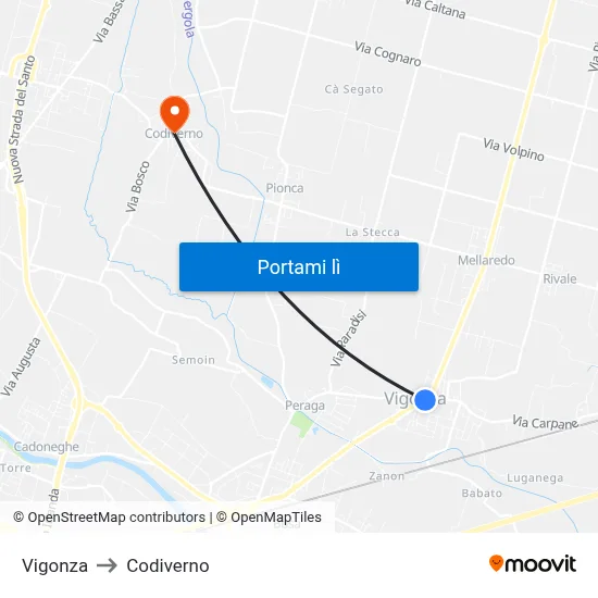 Vigonza to Codiverno map