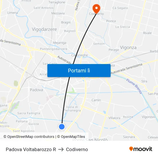 Padova Voltabarozzo R to Codiverno map