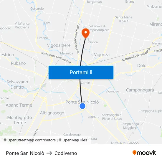 Ponte San Nicolò to Codiverno map