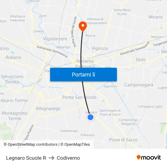 Legnaro Scuole R to Codiverno map
