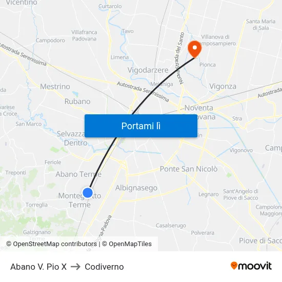 Abano V. Pio X to Codiverno map