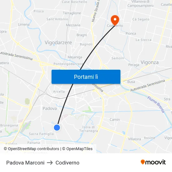 Padova Marconi to Codiverno map
