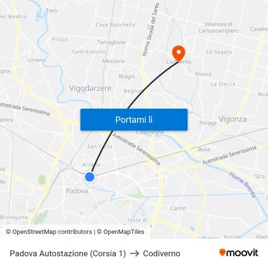 Padova Autostazione (Corsia 1) to Codiverno map