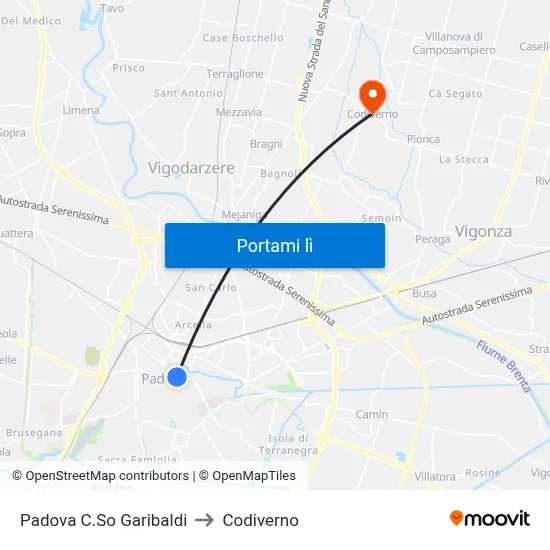 Padova C.So Garibaldi to Codiverno map