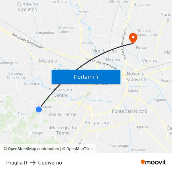 Praglia R to Codiverno map