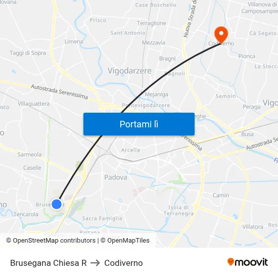 Brusegana Chiesa R to Codiverno map