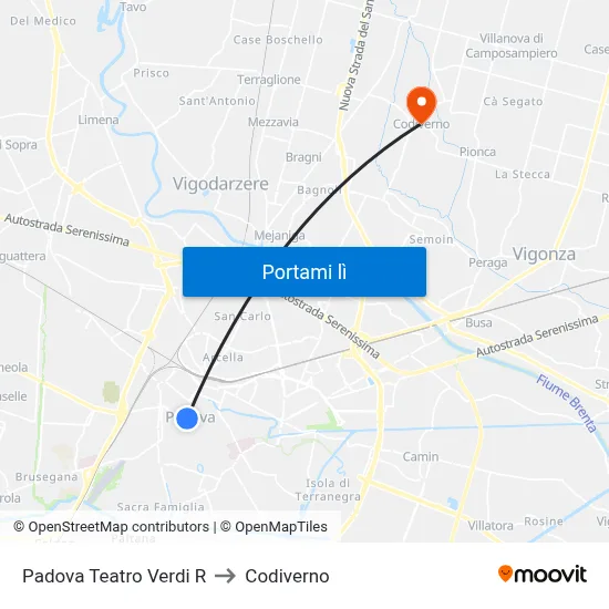 Padova Teatro Verdi R to Codiverno map