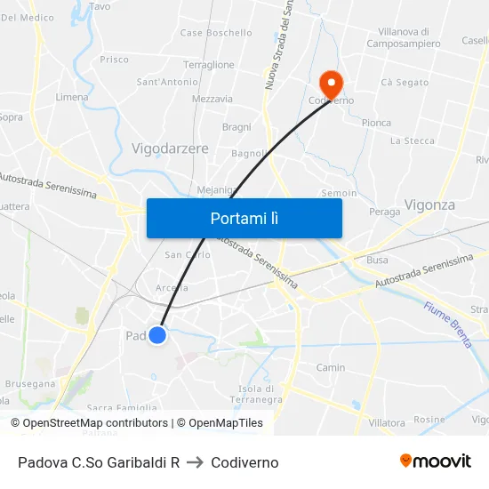 Padova C.So Garibaldi R to Codiverno map
