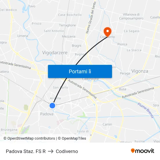 Padova Staz. FS R to Codiverno map