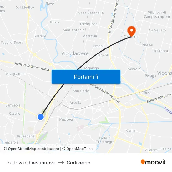 Padova Chiesanuova to Codiverno map