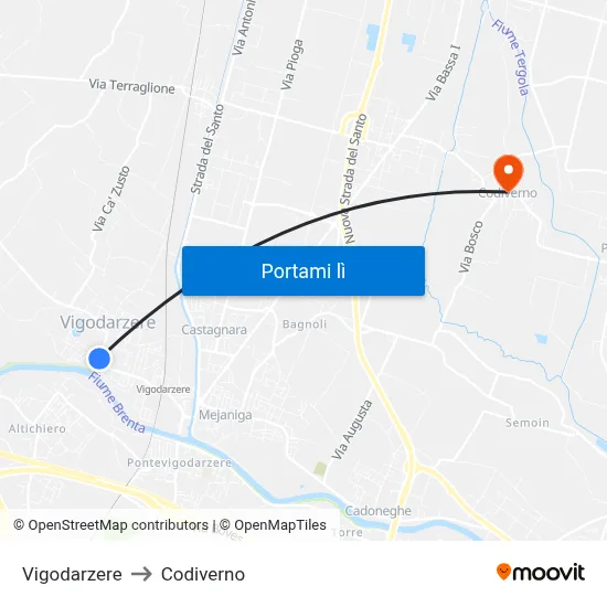 Vigodarzere to Codiverno map