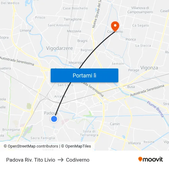 Padova Riv. Tito Livio to Codiverno map