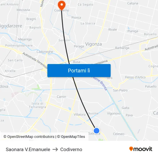 Saonara V.Emanuele to Codiverno map