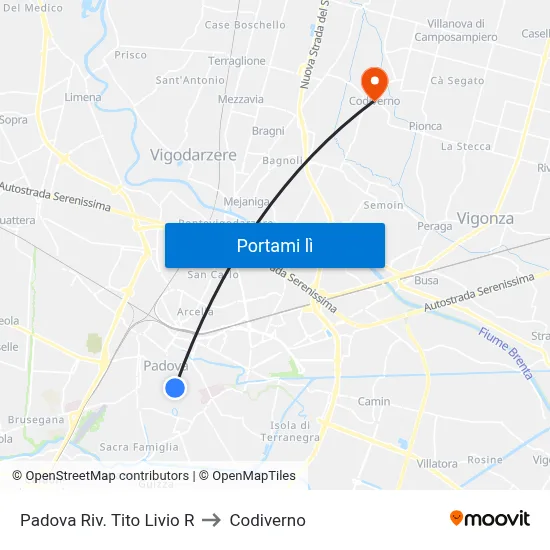 Padova Riv. Tito Livio R to Codiverno map