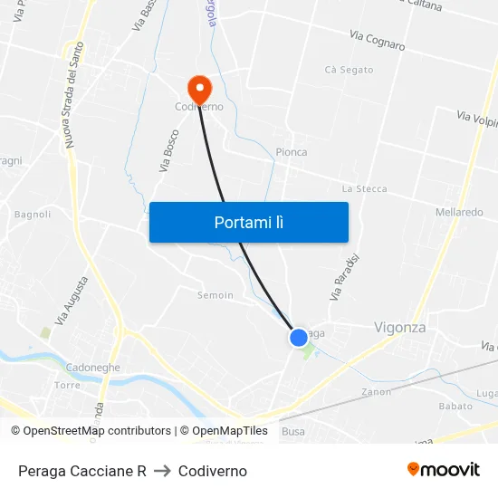 Peraga Cacciane R to Codiverno map