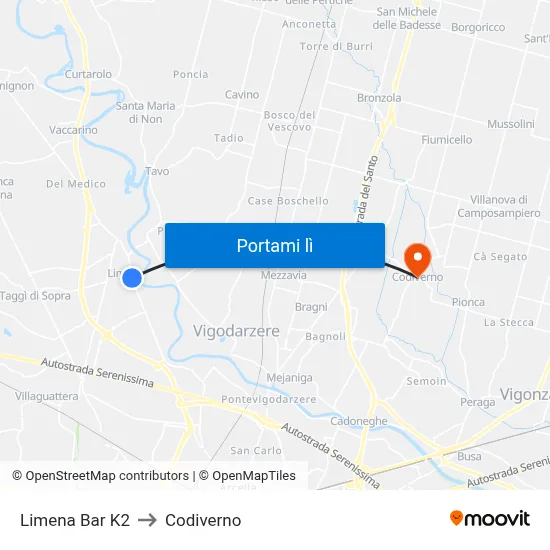 Limena Bar K2 to Codiverno map