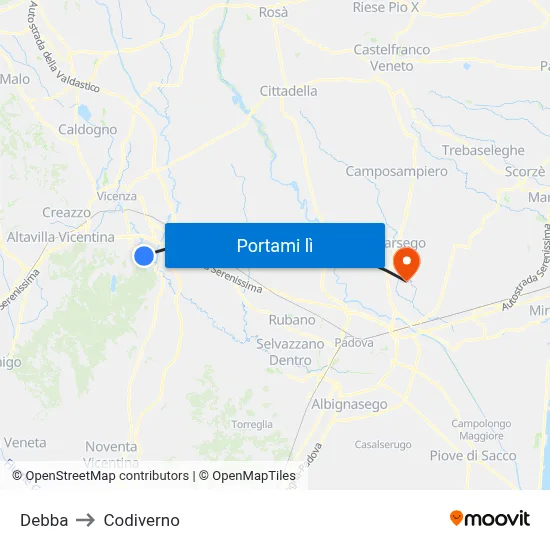 Debba to Codiverno map