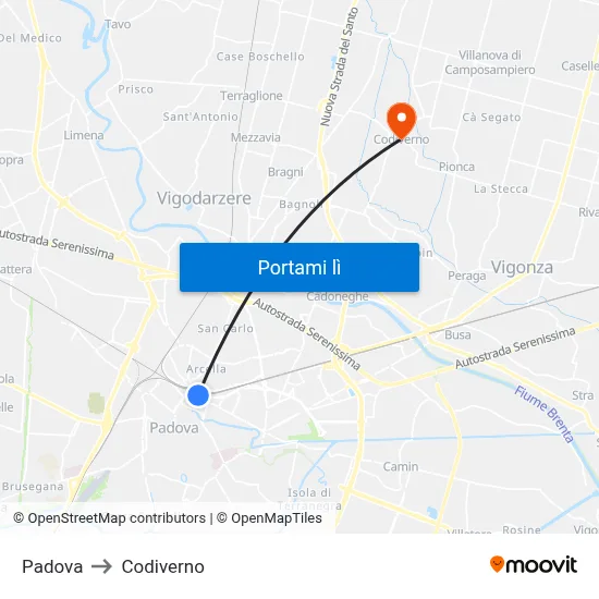 Padova to Codiverno map