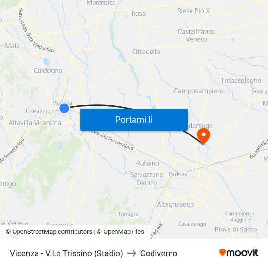 Vicenza - V.Le Trissino (Stadio) to Codiverno map