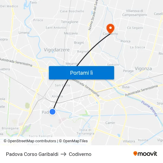 Padova Corso Garibaldi to Codiverno map