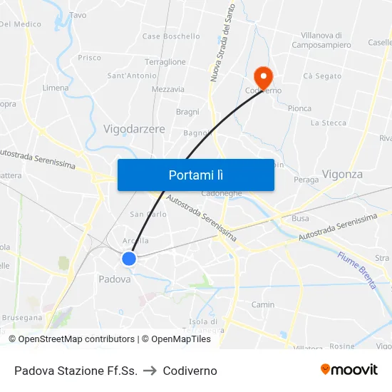 Padova Stazione Ff.Ss. to Codiverno map
