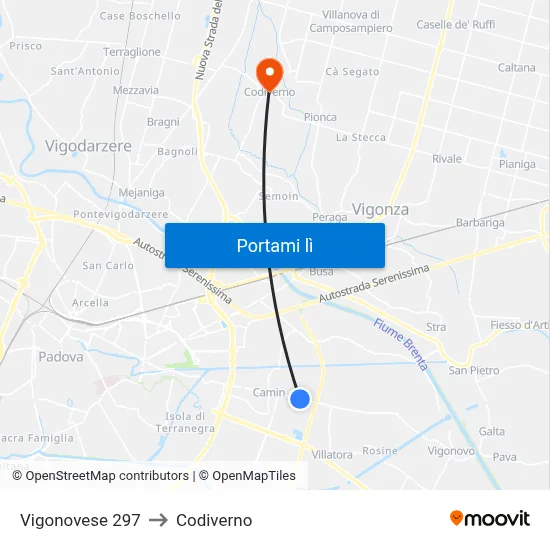 Vigonovese 297 to Codiverno map