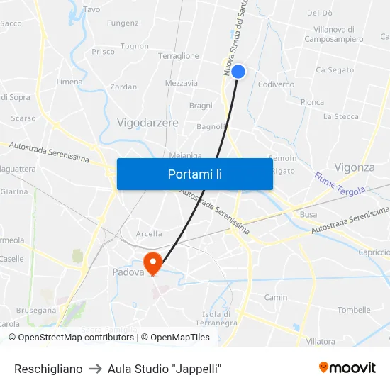 Reschigliano to Aula Studio "Jappelli" map