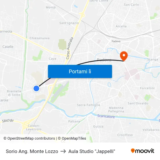 Sorio Ang. Monte Lozzo to Aula Studio "Jappelli" map