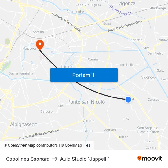 Capolinea Saonara to Aula Studio "Jappelli" map