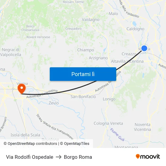 Via Rodolfi Ospedale to Borgo Roma map