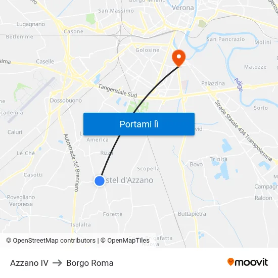 Azzano IV to Borgo Roma map