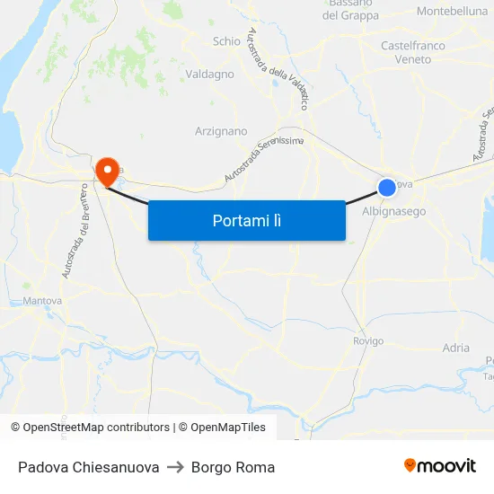 Padova Chiesanuova to Borgo Roma map