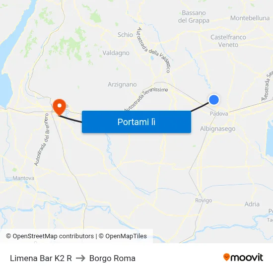 Limena Bar K2 R to Borgo Roma map