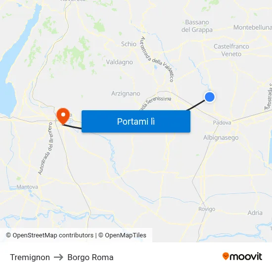 Tremignon to Borgo Roma map