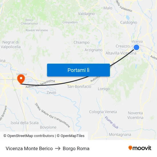 Vicenza Monte Berico to Borgo Roma map