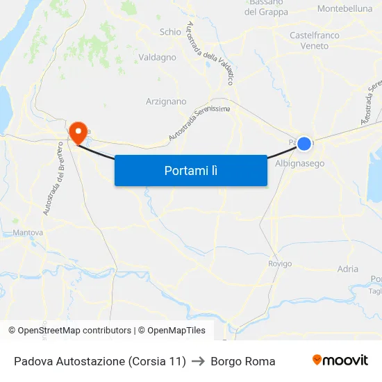 Padova Autostazione (Corsia 11) to Borgo Roma map