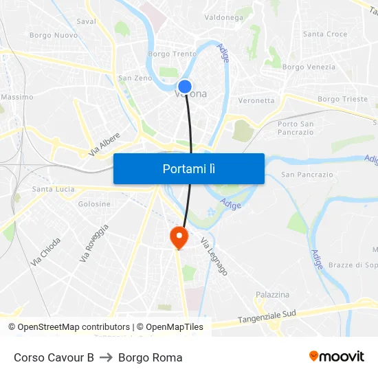 Corso Cavour B to Borgo Roma map