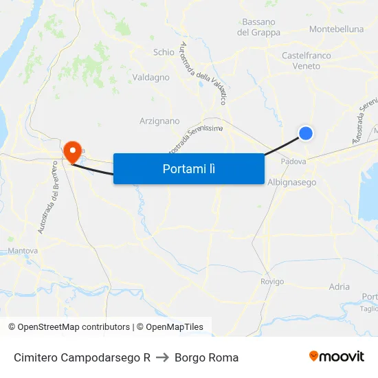Cimitero Campodarsego R to Borgo Roma map