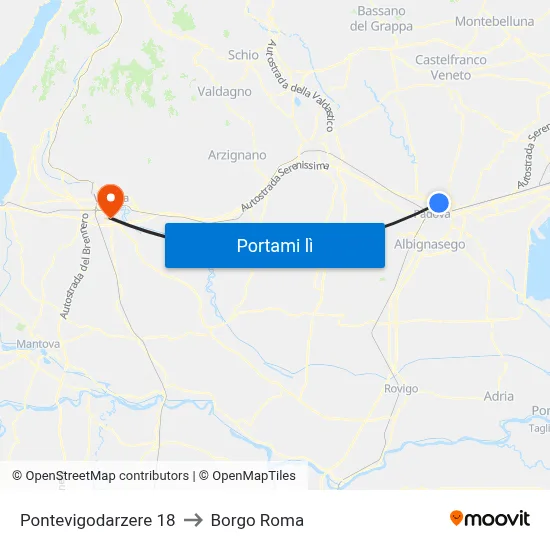 Pontevigodarzere 18 to Borgo Roma map