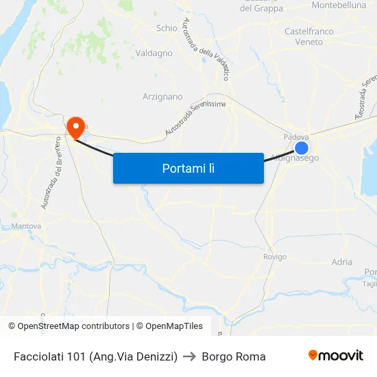 Facciolati 101 (Ang.Via Denizzi) to Borgo Roma map