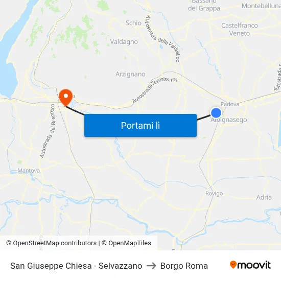 San Giuseppe Chiesa - Selvazzano to Borgo Roma map