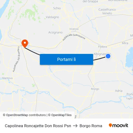 Capolinea Roncajette Don Rossi Psn to Borgo Roma map