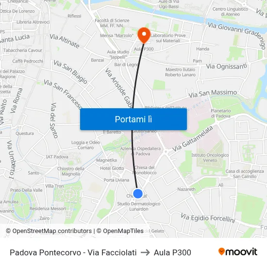 Padova Pontecorvo - Via Facciolati to Aula P300 map